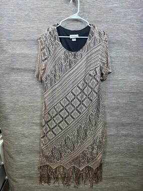 Ultra Dress Womens 16W Beige Geometric Crochet Fringe Shift Knee Length Party8